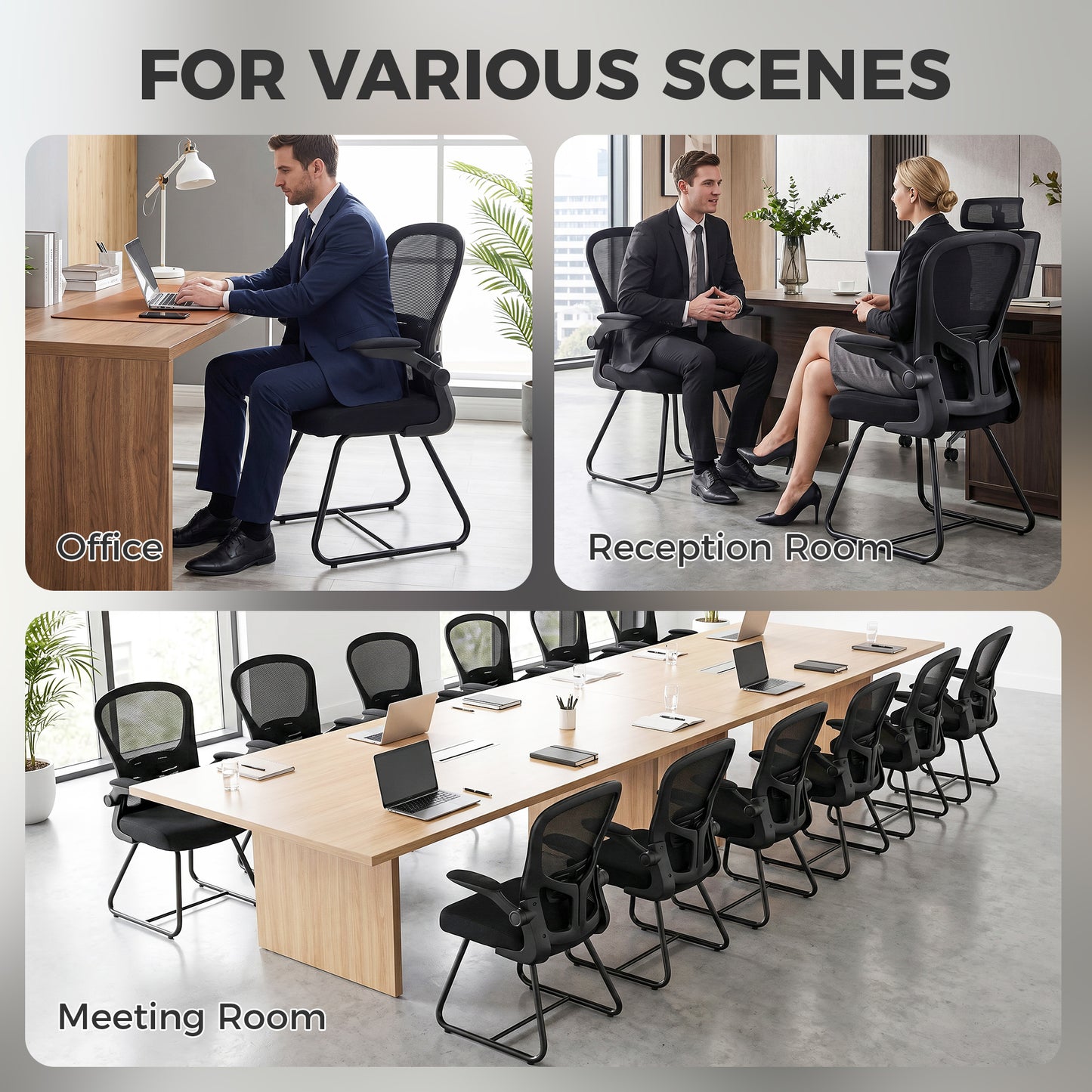 Reception Chair, Conference Meeting Office Chair with Flip-up Armrest, Mesh Backrest, Lumbar Support and Metal Base