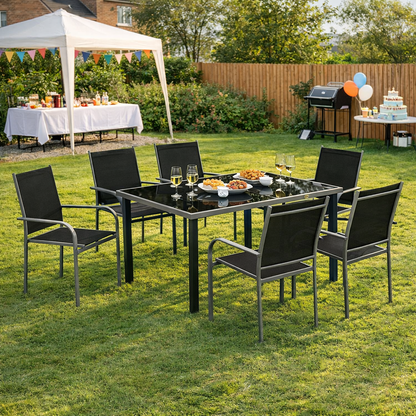 7 Piece Outdoor Garden Dining Set with Table and 6 Stackable Chairs, Steel Frame, Tempered Glass Top, Mesh Seats, Black