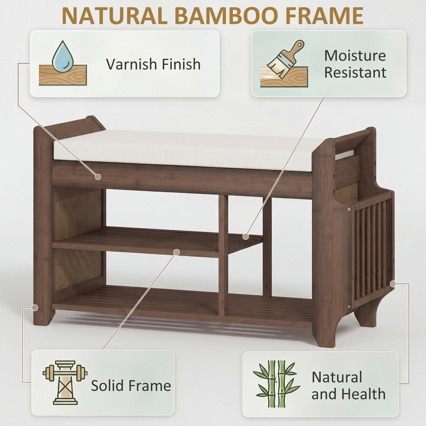 Shoe Bench 2-Tier Boot Section Entryway Storage Bench Cushioned Seat 80 x 30 x 50 cm Dark Brown and Cream