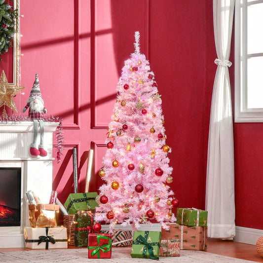 7ft Tall - Pink Prelit Slimline Christmas Tree with Metal Base Included