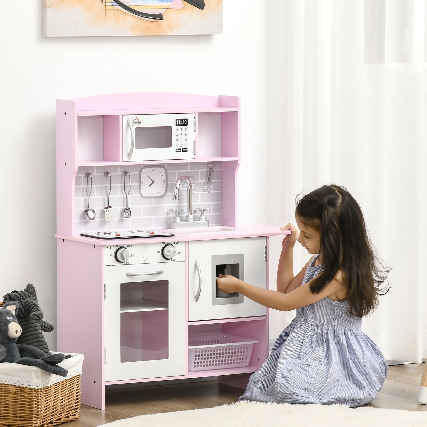 Kitchen Playset with Tile Style Backdrop, Pots, Pans and Utensils