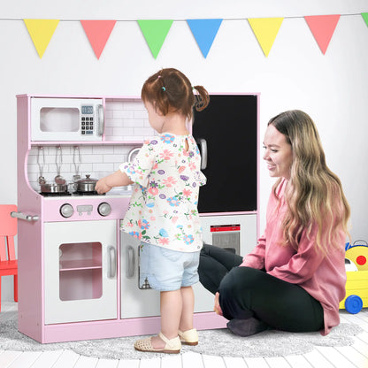 Kitchen Playset with Chalkboard, Storage Cupboards and Accessories - Pink