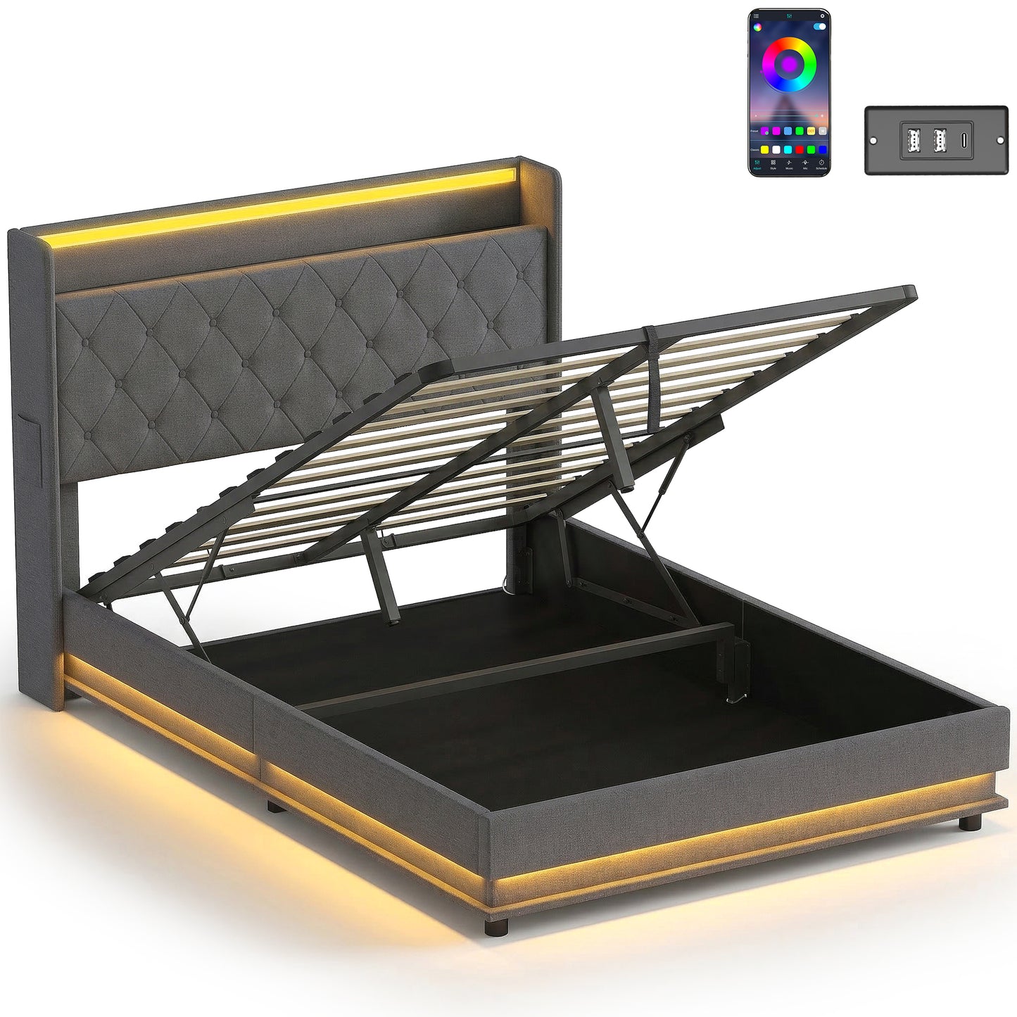4ft6 Double Bed Frame with Headboard, Platform Bed Frame with Hydraulic Storage, LED Lights and Charging Station, Grey