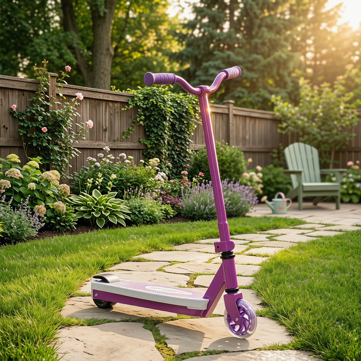 Electric Scooter for Kids Aged 4-7 Years, with Flashing LED Lights, Rear Auxiliary Wheels, Purple