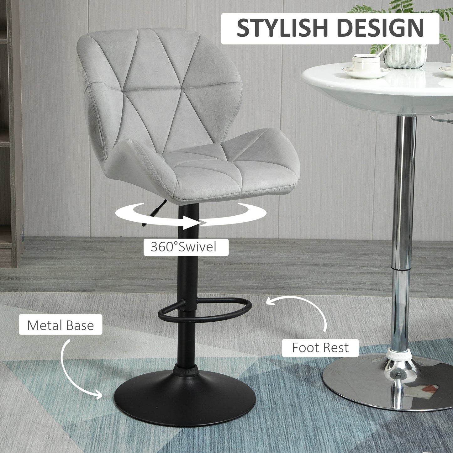 Bar Stools Set Of 2, Luxurious Velvet-Touch Barstools with Metal Frame Footrest Round Base Triangle Indenting Moulded Seat Ad
