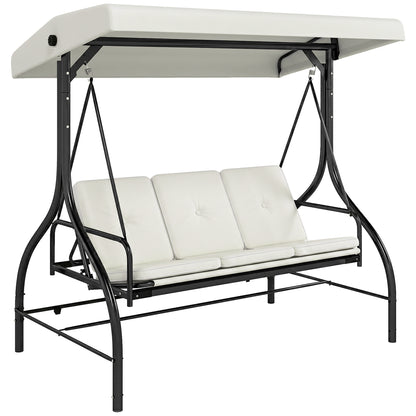 3 Seater Garden Swing Chair, 2 in 1 Convertible Patio Swing Seat Bed with Adjustable Canopy, Cushions and Metal Frame
