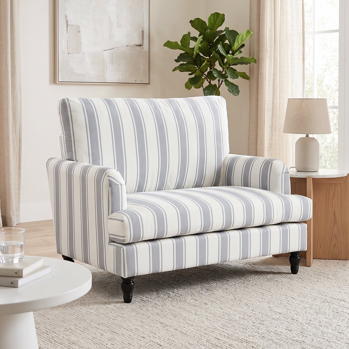 Velvet Single Sofa Armchair, Modern Accent Chair with Stripes, Turned Legs and Wide Seat, Grey