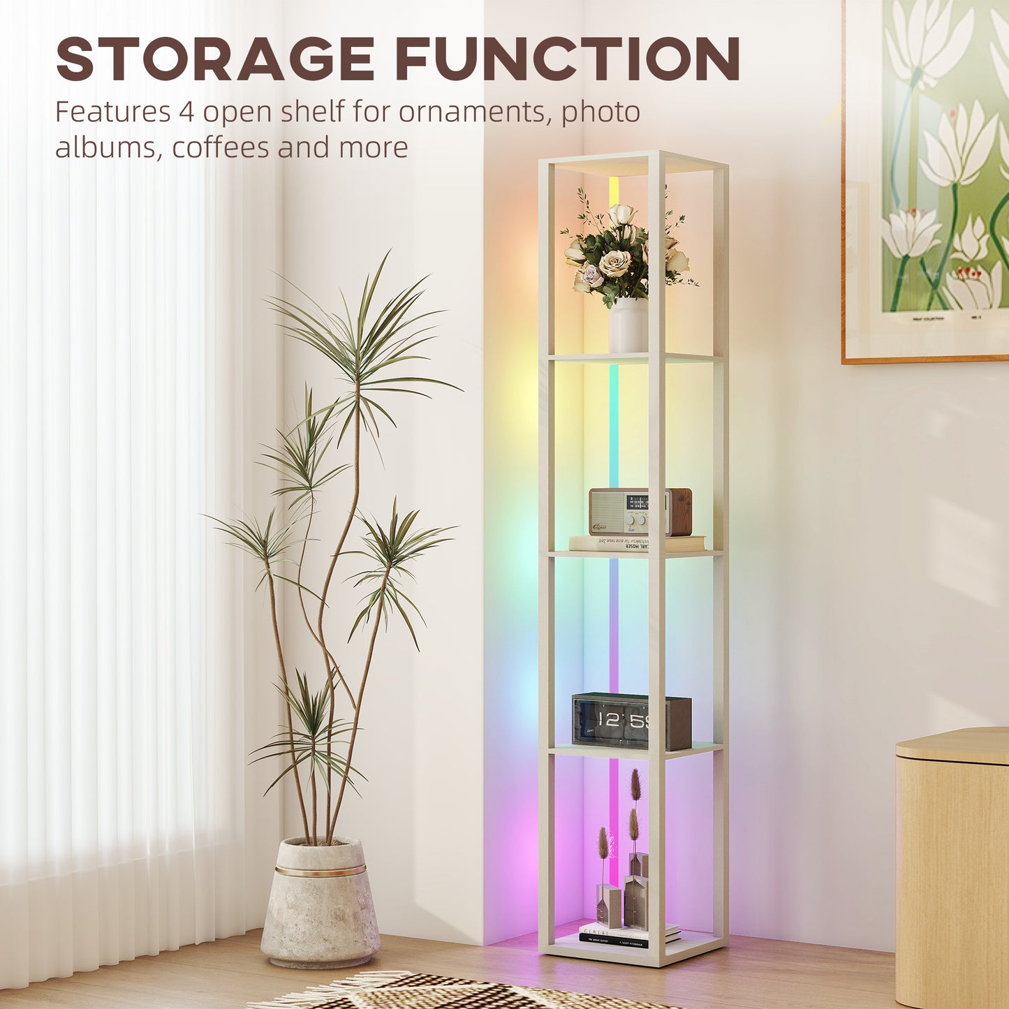 RGB LED Floor Lamp with Shelves, Modern Dimmable Standing Lamp with Remote Control