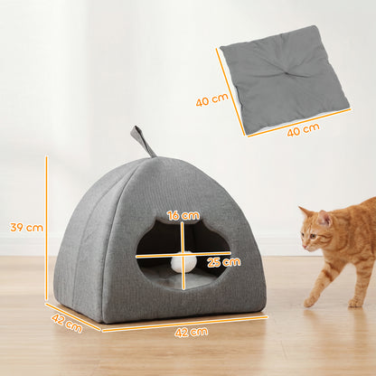 Cat Cave Bed for Indoor Kittens, Cat House with Removable Cushion and Teaser Ball, Kitty Igloo with Anti-Slip Base