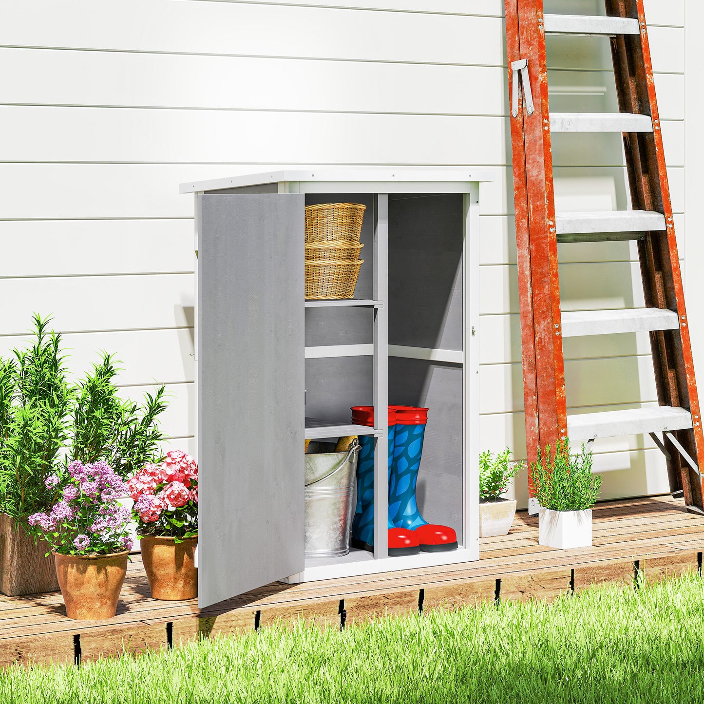 Wooden Small Shed, 75L x 56W x115H cm Garden Storage Shed with Shelves and Bolt Latch, Grey