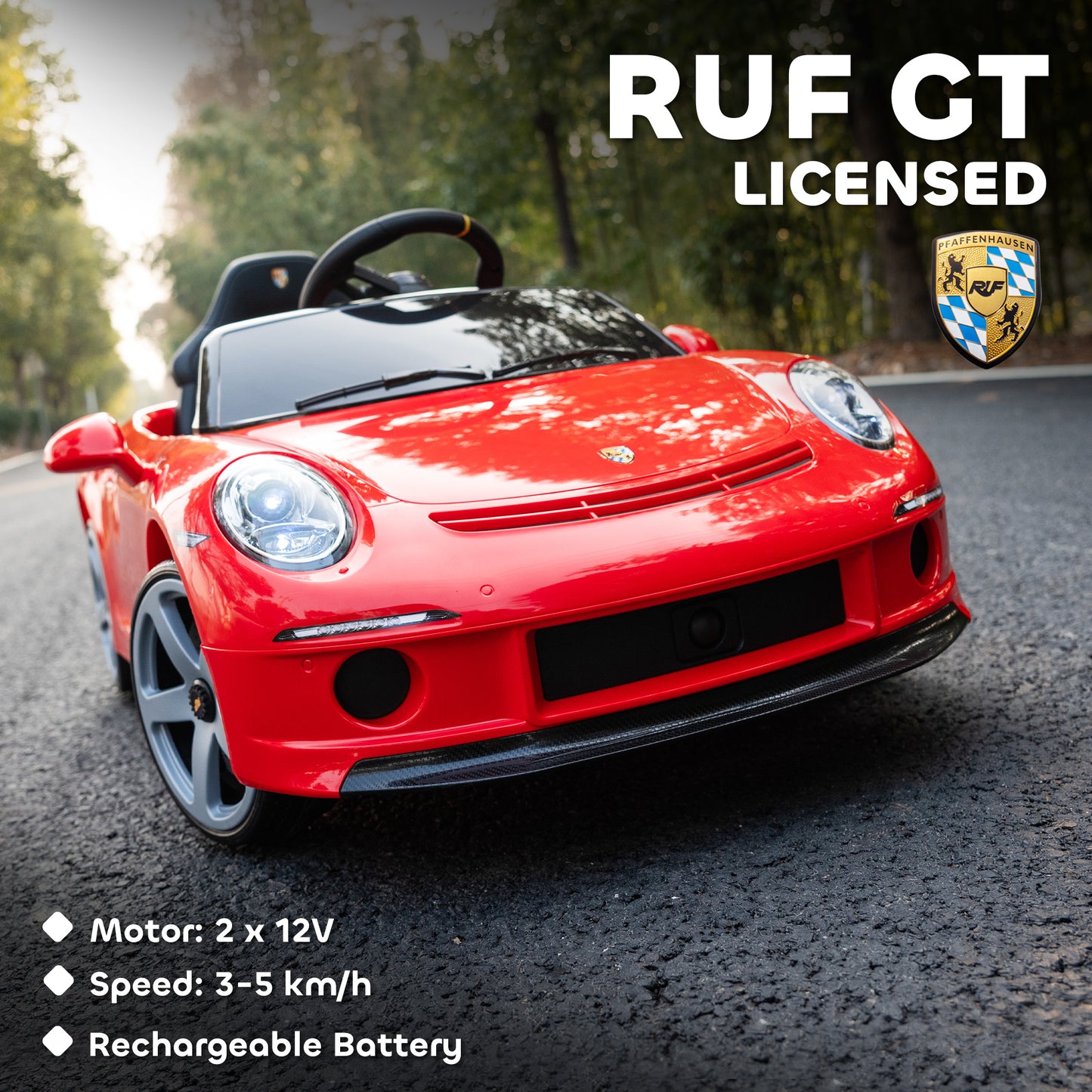 Kids Electric Car, 12V Licensed RUF GT Ride on Car with Suspension, Remote Control, Music, for 3-5 Years, Red
