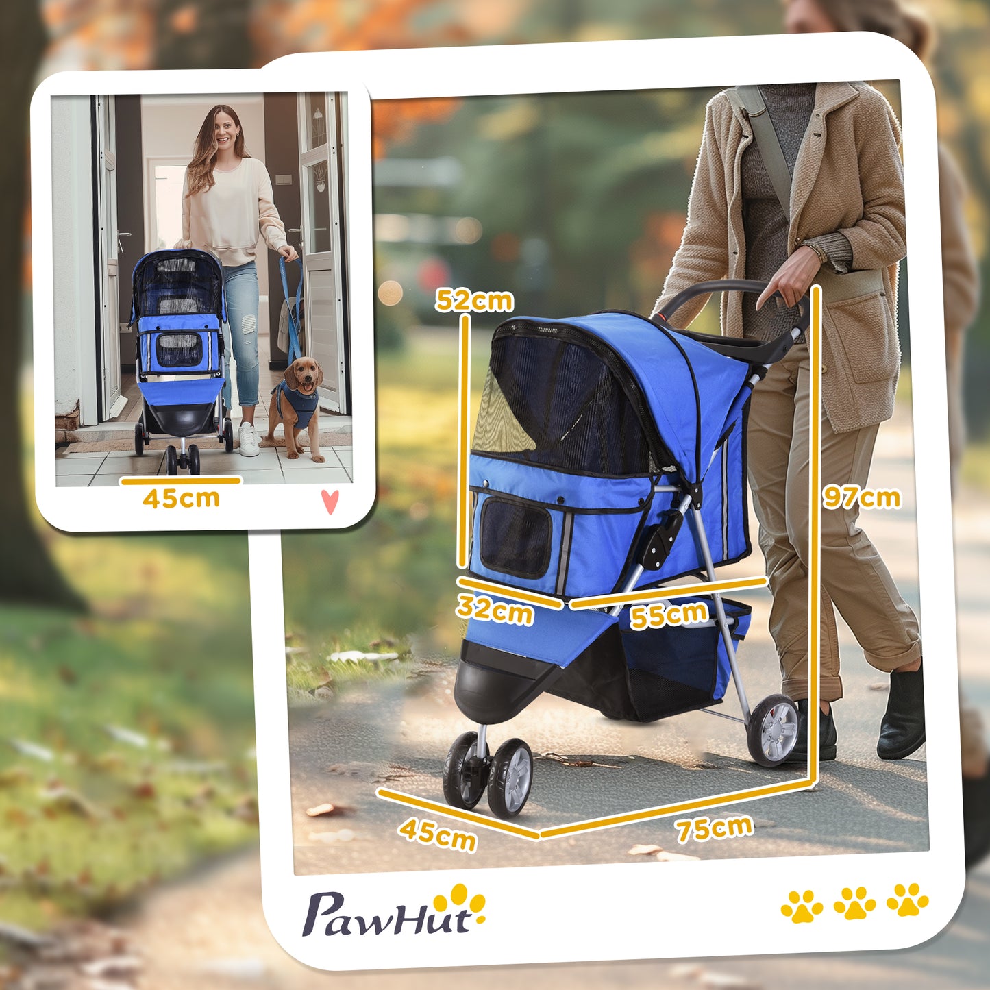 3 Wheel Pet Stroller for Small and Miniature Dogs, Blue
