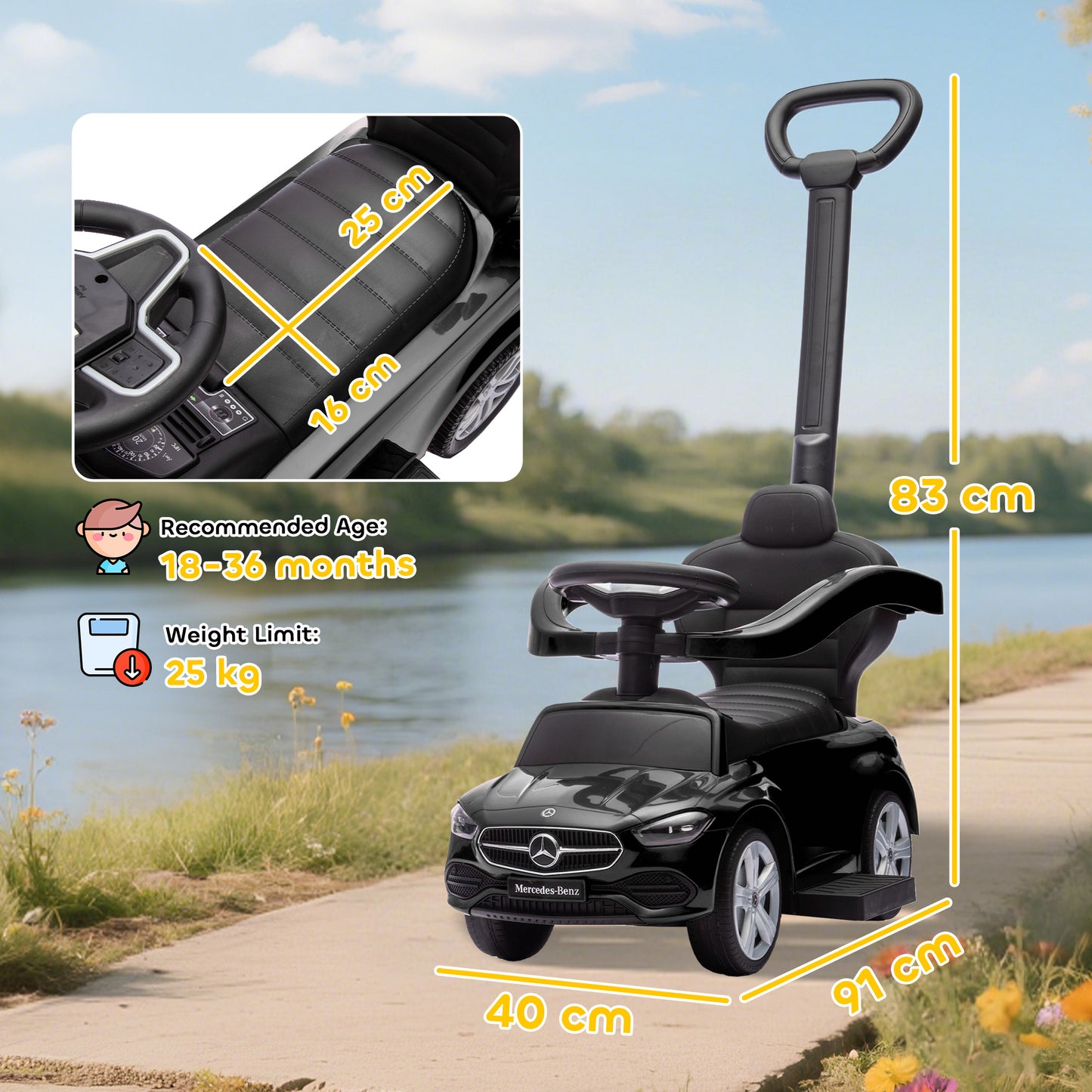 2 in 1 Baby Ride on Push Car Mercedes-Benz C-Class Licensed Walker Foot to Floor Push-Along with Removable Handle, Black