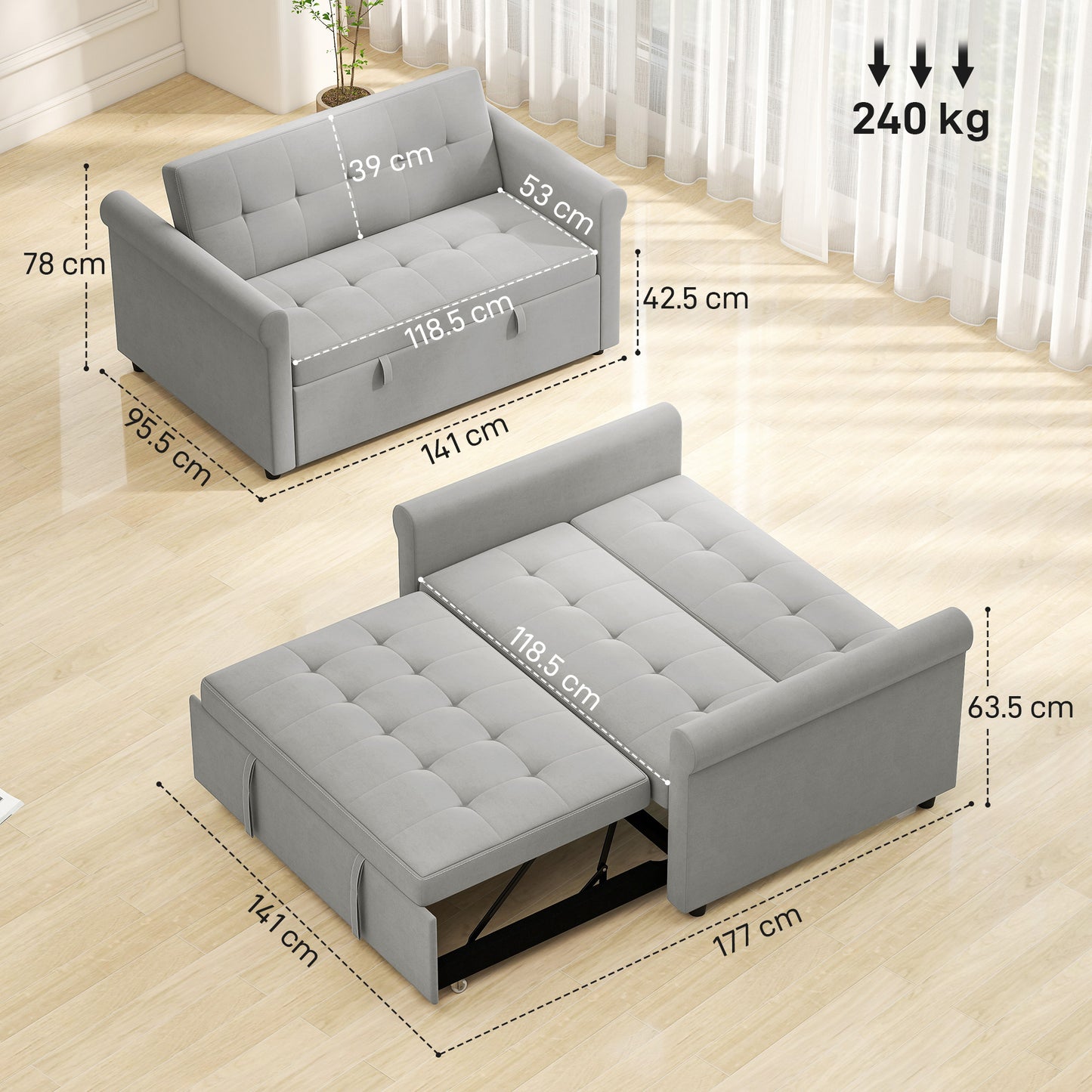 Two-Seater Velvet-Feel Sofa Bed - Grey