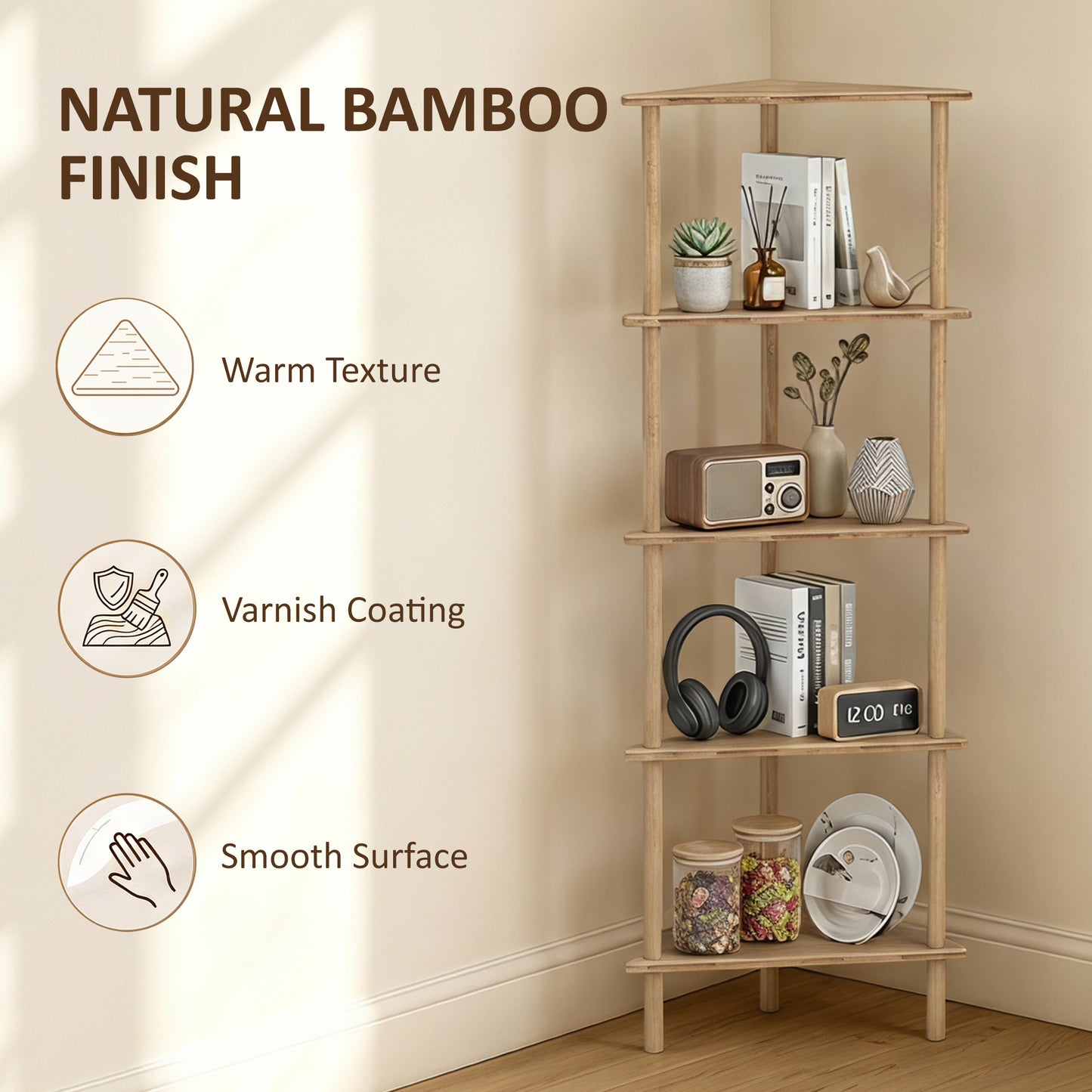 Bamboo Storage Shelf, 5-tier Corner Shelf, Freestanding Shelving Unit for Living Room, Home Office, Natural Wood Finish