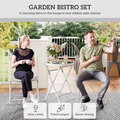 3 Pieces Outdoor Bistro Set, Glass Top Outdoor Table and 2 Folding Chairs with Protecting Feet, White