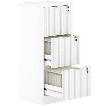 Filing Cabinet, Fluted Vertical File Cabinet with 3 Lockable Drawers and Hanging Rails, White