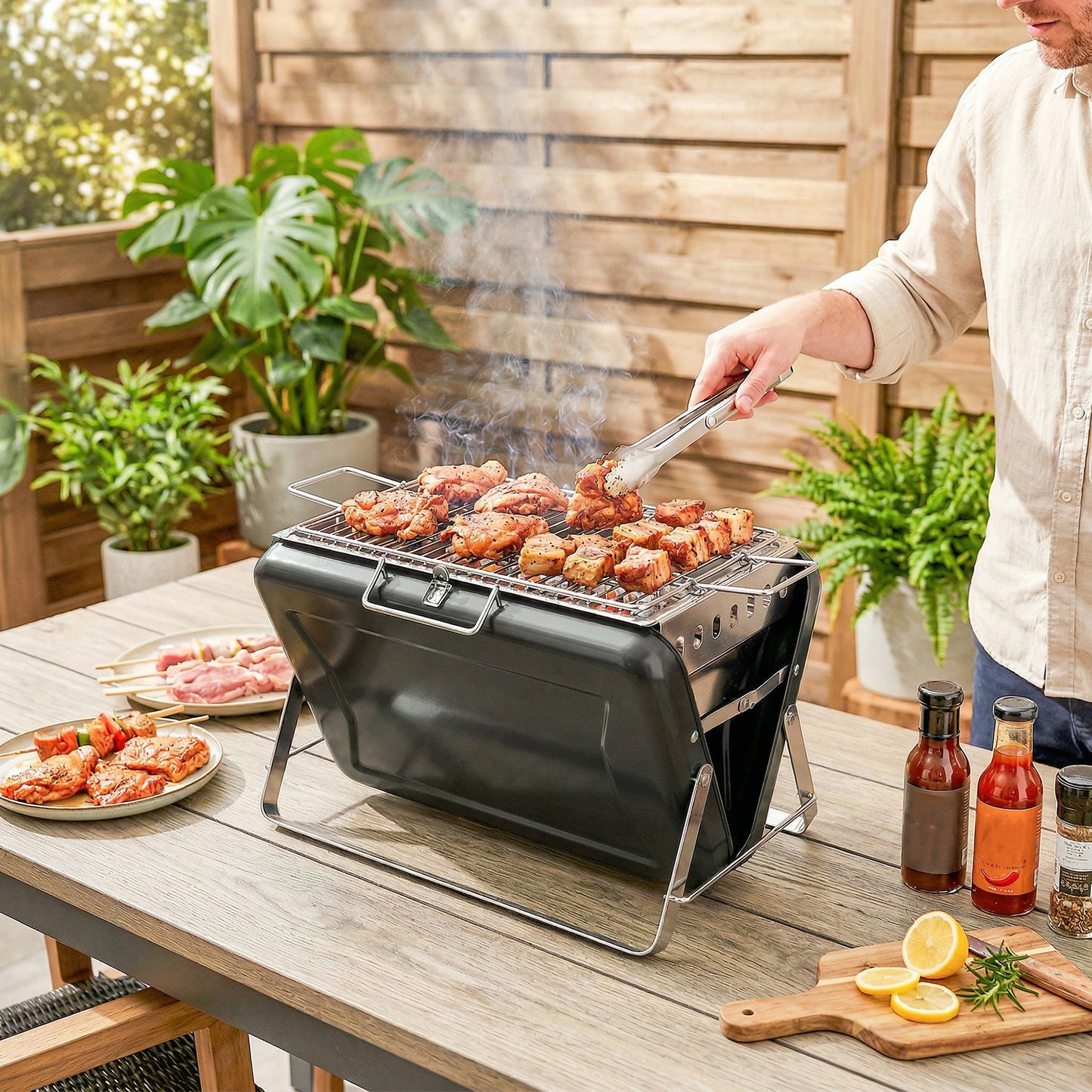 Charcoal BBQ Grill Portable Stainless Steel Barbecue with Tilting Grate for Camping Picnic Garden Black