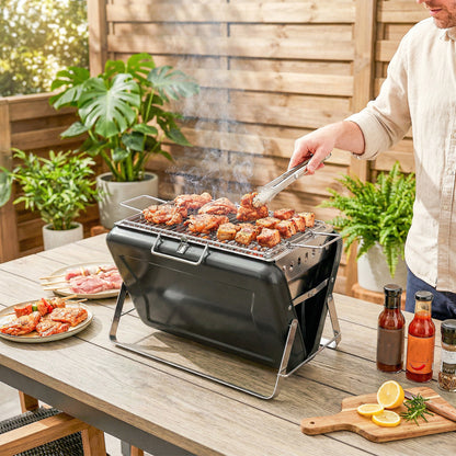 Charcoal BBQ Grill Portable Stainless Steel Barbecue with Tilting Grate for Camping Picnic Garden Black