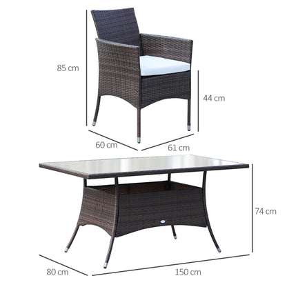 6 Seater Rattan Dining Set with Cushions, Rattan Garden Furniture Set with 6 Armchairs, Rectangular Glass Top Table