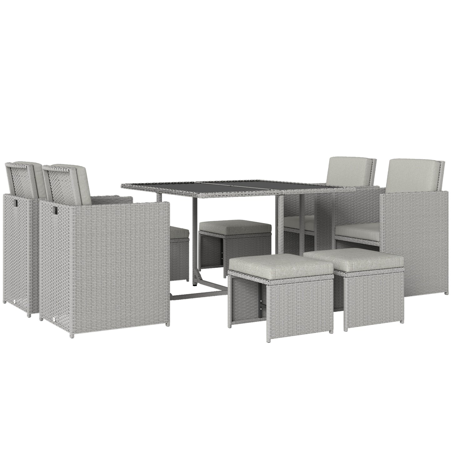 9 Piece Rattan Cube Garden Furniture Dining Set with Armchairs, Footstools and Glass-Top Table, Light Grey