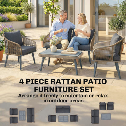 4 Piece Rattan Garden Furniture Set with Loveseat, Wicker Patio Conversation Set, Grey