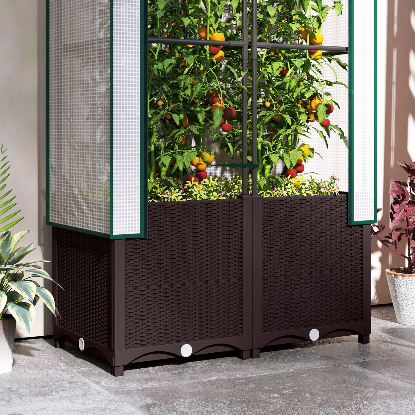 Raised Garden Bed with Trellis, Plastic Planter Box with PE Cover, Drainage Holes