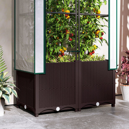 Raised Garden Bed with Trellis, Plastic Planter Box with PE Cover, Drainage Holes