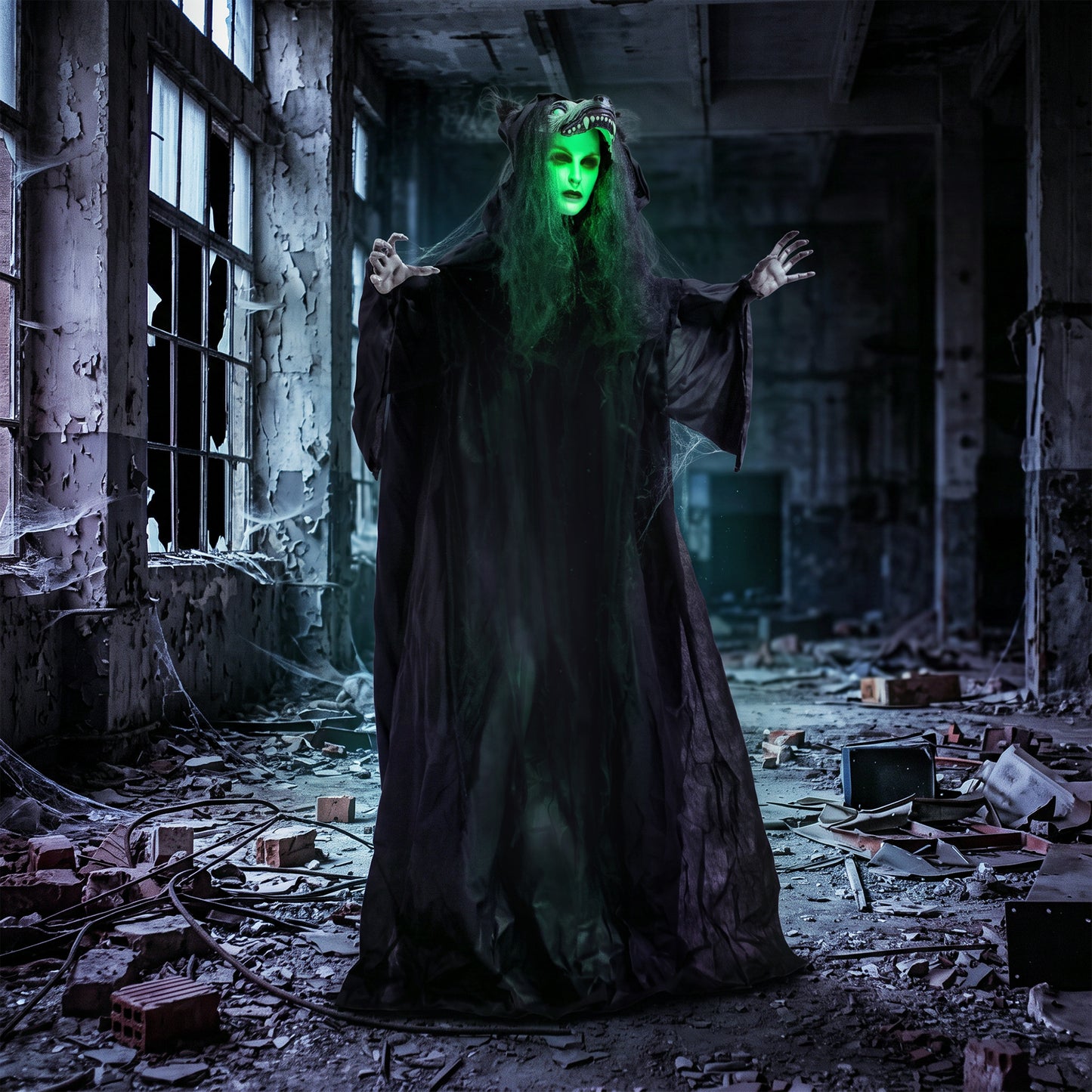 67"/170cm Life Size Animated Ghost with Werewolf Mask, Halloween Decorations Outdoor Indoor, Scary Halloween Animatronic
