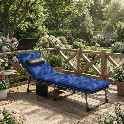 Folding Sun Lounger with Canopy, Reclining Sunbed with Cushion, Side Pocket, Carrying Handle, Dark Blue
