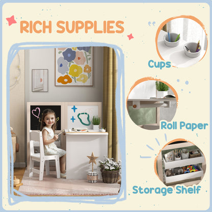 3 in 1 Kids Table and Chair Set with Storage, Whiteboard, Blackboard & Roll Paper for 3-8 Years, White