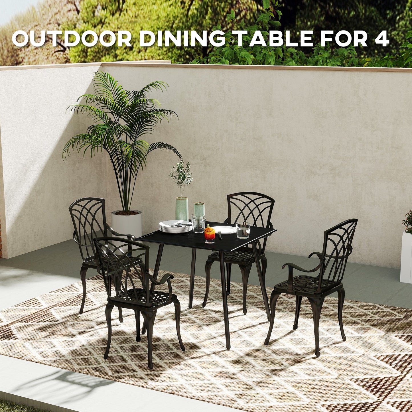 Square Garden Table with Slat Top, Steel Frame, Outdoor Table for 4 Person, 80 x 80 x 74 cm, Black