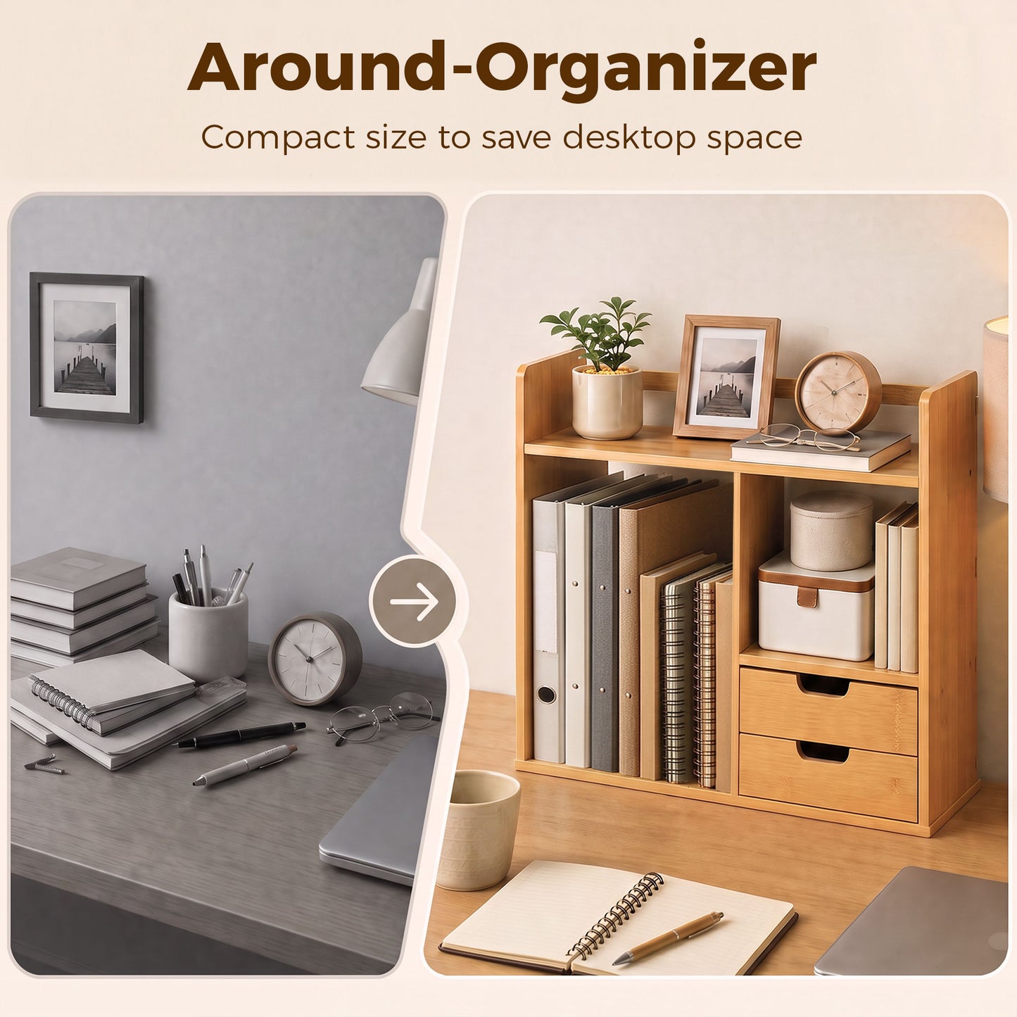 Desk Organiser Compartments Desktop Bookshelf Stationery Storage Shelf Document File Holder with 2 Drawers 2-way Reversed Use
