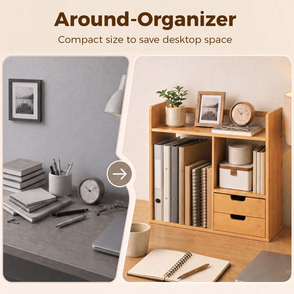 Desk Organiser Compartments Desktop Bookshelf Stationery Storage Shelf Document File Holder with 2 Drawers 2-way Reversed Use