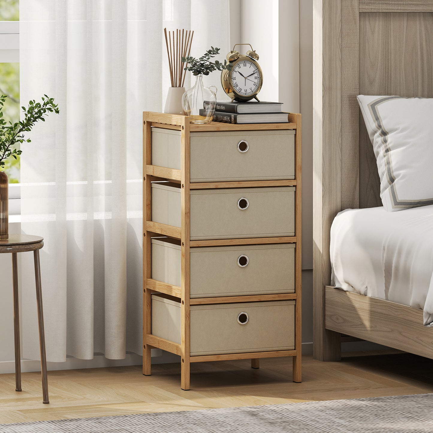 Chest of Drawers, 4 Fabric Drawers Narrow Dresser with Bamboo Frame, Cream White