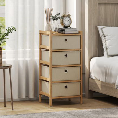 Chest of Drawers, 4 Fabric Drawers Narrow Dresser with Bamboo Frame, Cream White