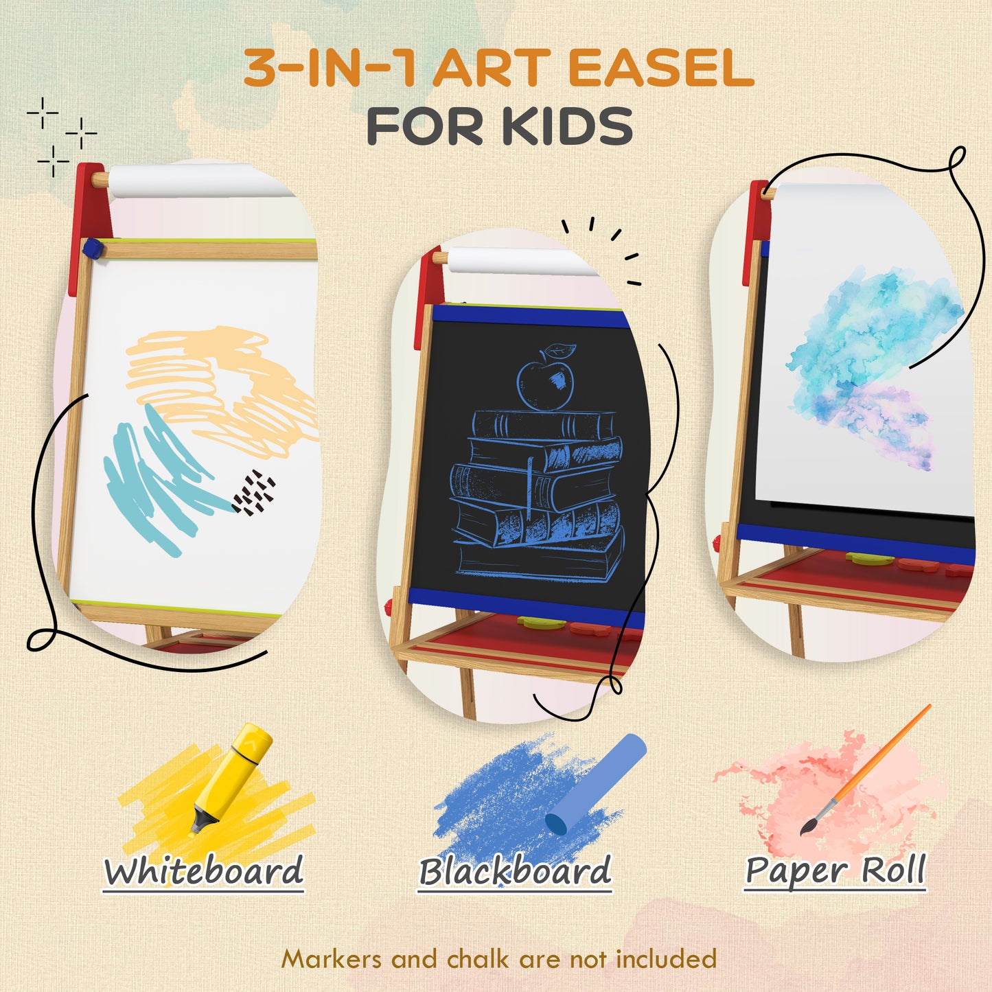 3-in-1 Wooden Kids Easel with Paper Roll, Whiteboard, Chalkboard, Painting Accessories