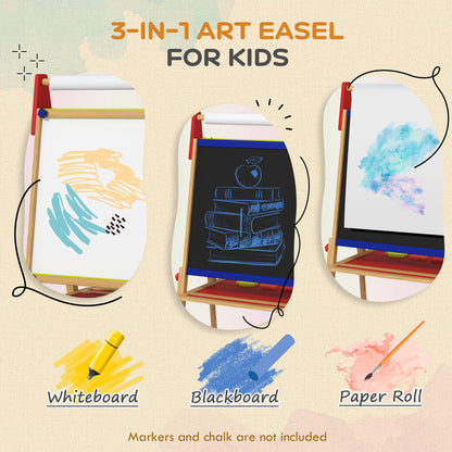 3-in-1 Wooden Kids Easel with Paper Roll, Whiteboard, Chalkboard, Painting Accessories