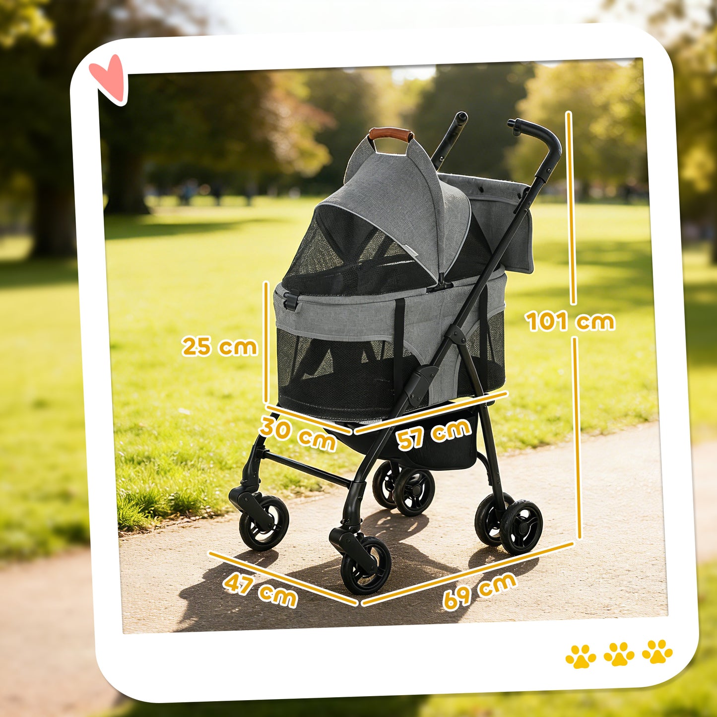 Pet Stroller, Foldable Dog Cat Stroller with Detachable Carrier, Wheels, Storage Basket, Secure Leash