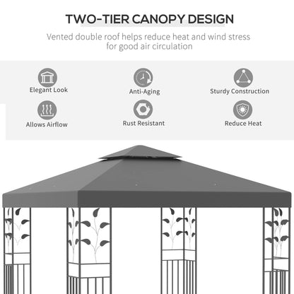 3 x 3m Outdoor Steel Gazebo with 2 Tier Roof, Garden Gazebo Patio Canopy Marquee Shelter with Decorative Steel Frame - Grey