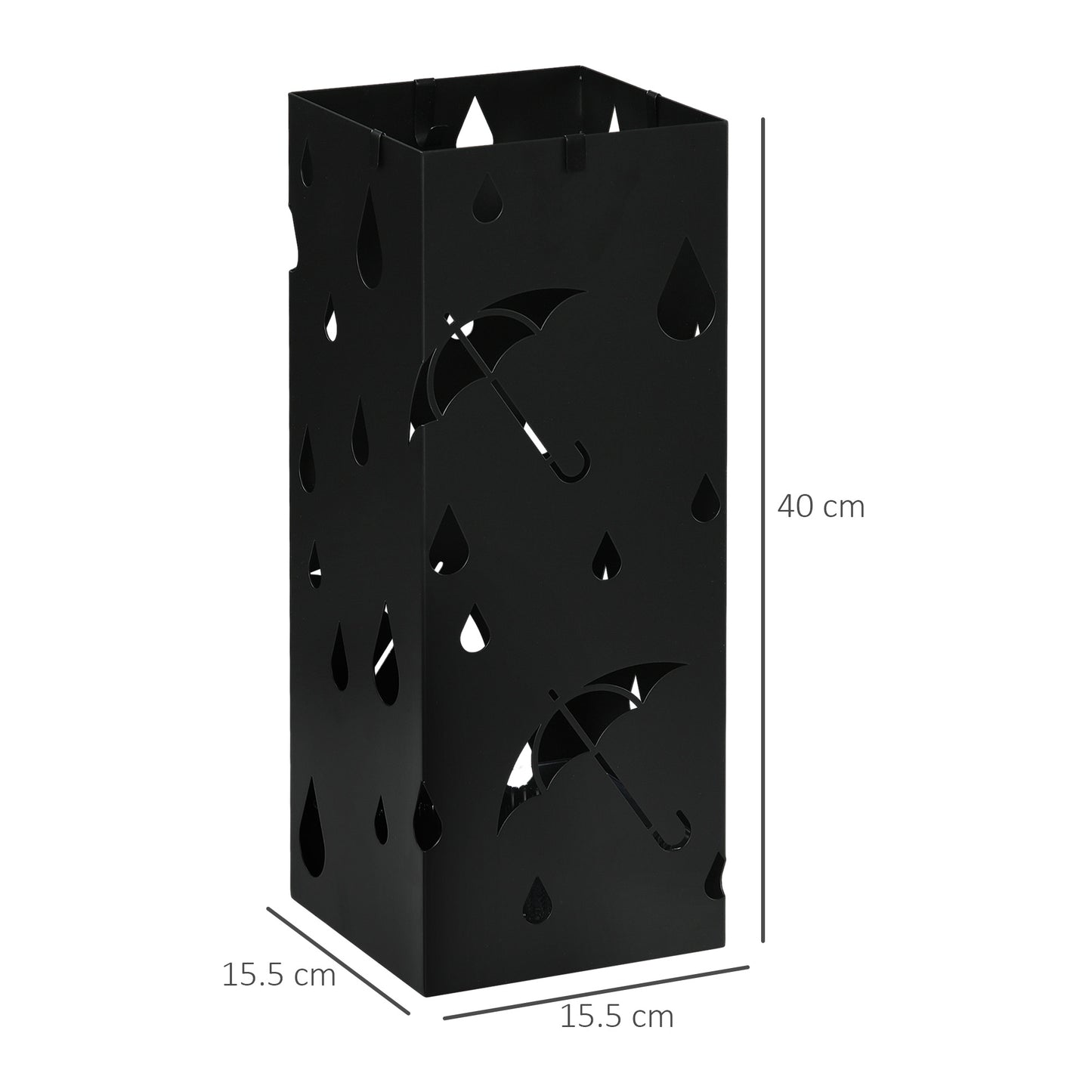 Steel Umbrella Stand, Square Umbrella Holder with 4 Hooks and Removable Drip Tray, Hollowed Umbrella Basket for Hallway