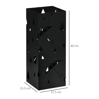 Steel Umbrella Stand, Square Umbrella Holder with 4 Hooks and Removable Drip Tray, Hollowed Umbrella Basket for Hallway