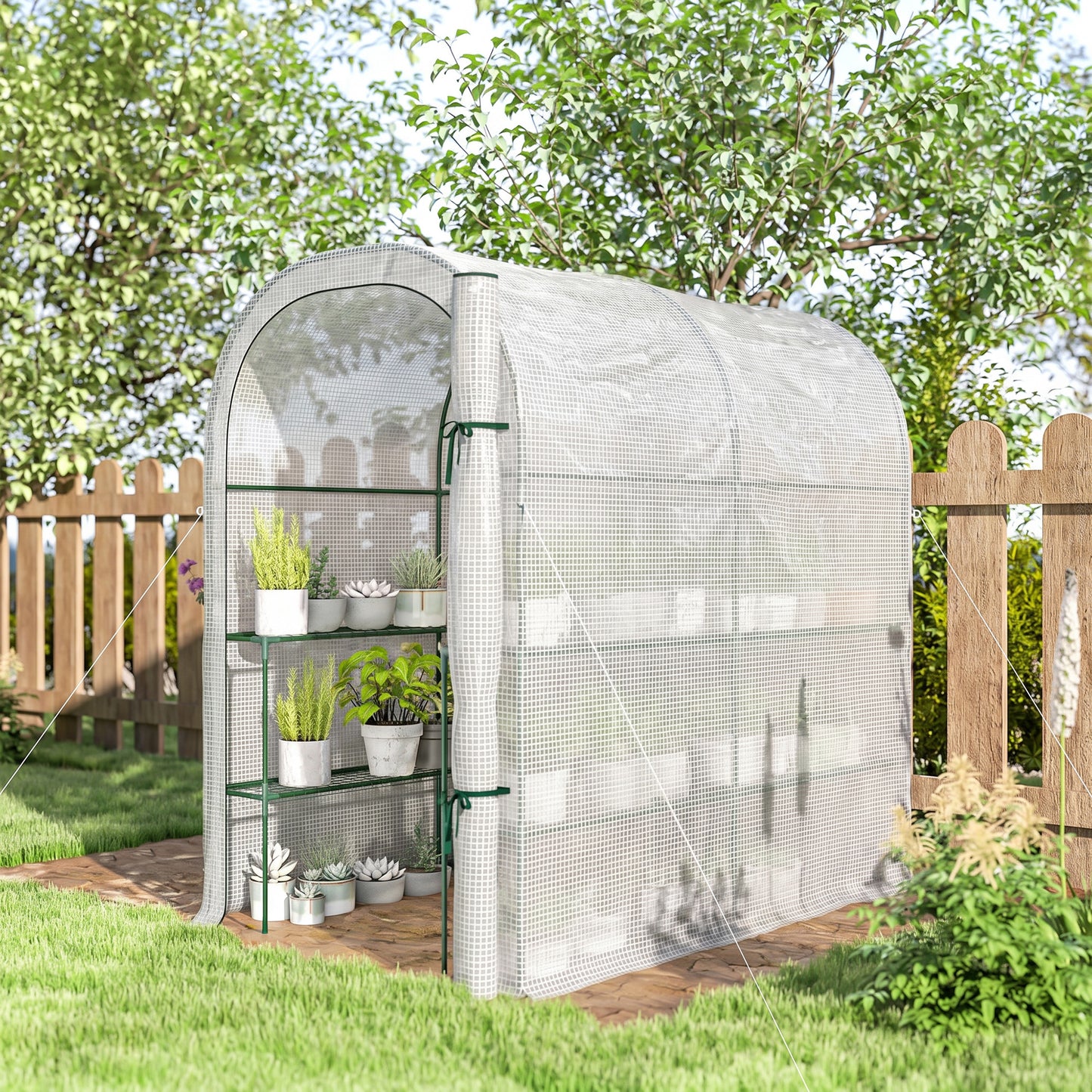 Walk-in Greenhouse with Shelves, Small Greenhouse with PE Cover and Roll-up Door, 123 x 187 x 189 cm, White