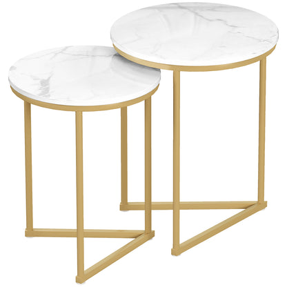 Set of Two Marble-Effect Nest of Tables - White/Gold-Tone