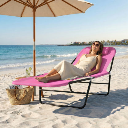 Folding Sun Lounger with Head Pillow - Pink