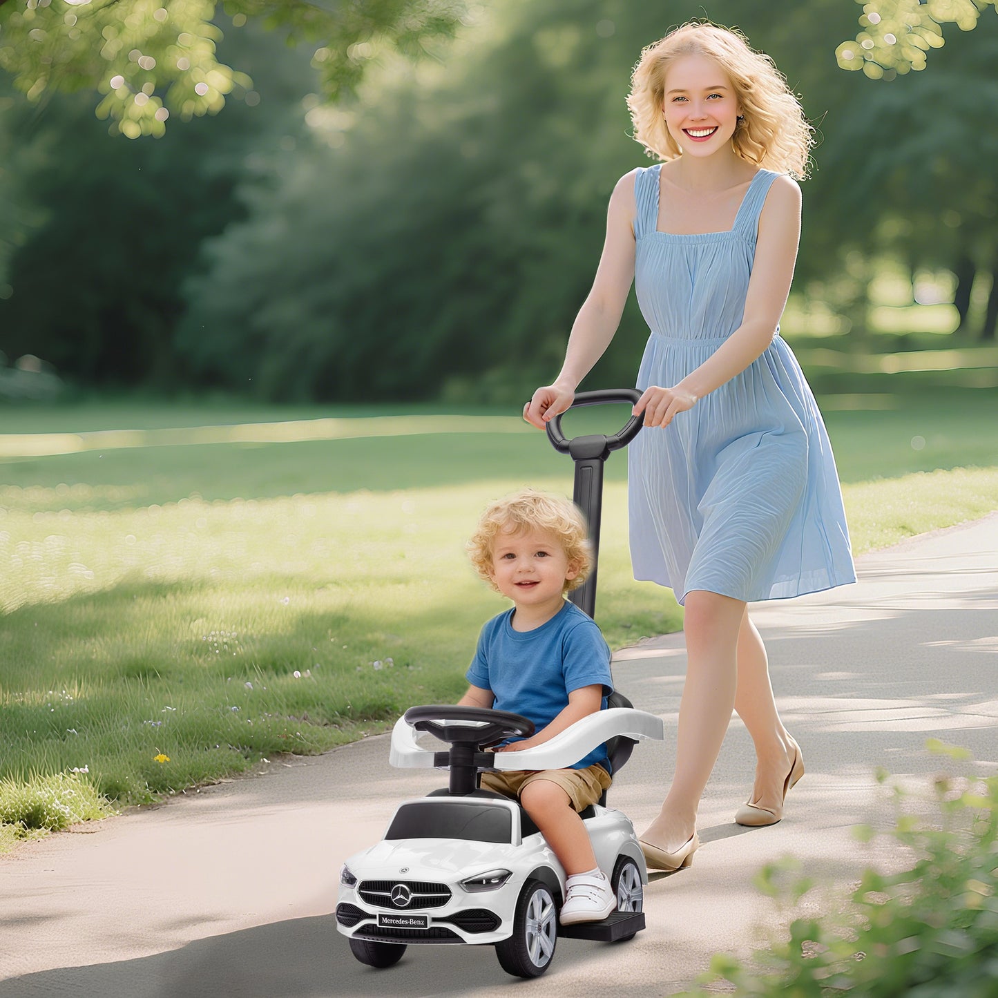 2 in 1 Baby Ride on Push Car Mercedes-Benz C-Class Licensed Walker Foot to Floor Push-Along with Removable Handle, White