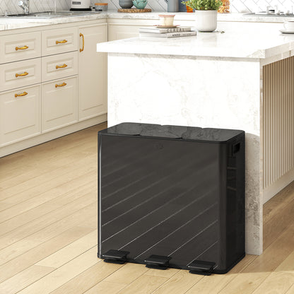 3 x 20L Pedal Bin, Steel Triple Kitchen Bin with Soft Close Lid, Removable Inner Buckets, Fingerprint-Proof, Black