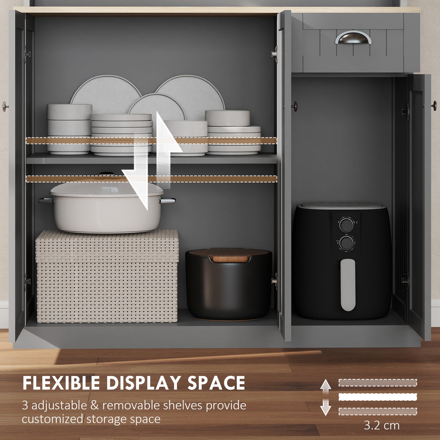 180cm Freestanding Kitchen Cabinet, Modern Storage Cupboard with Open Countertop, Drawer and 6 Doors, Grey