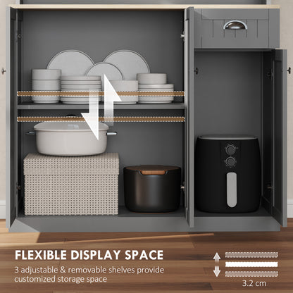180cm Freestanding Kitchen Cabinet, Modern Storage Cupboard with Open Countertop, Drawer and 6 Doors, Grey