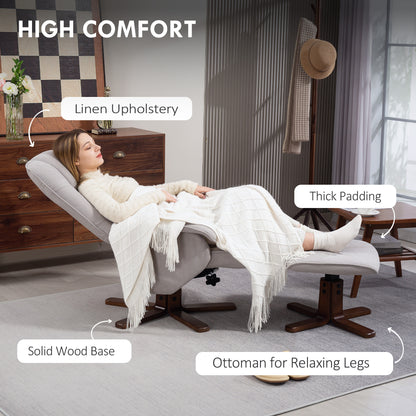 Linen Swivel Recliner Chair with Footstool, Upholstered Reclining Armchair with Wooden Base for Living Room, Light Grey